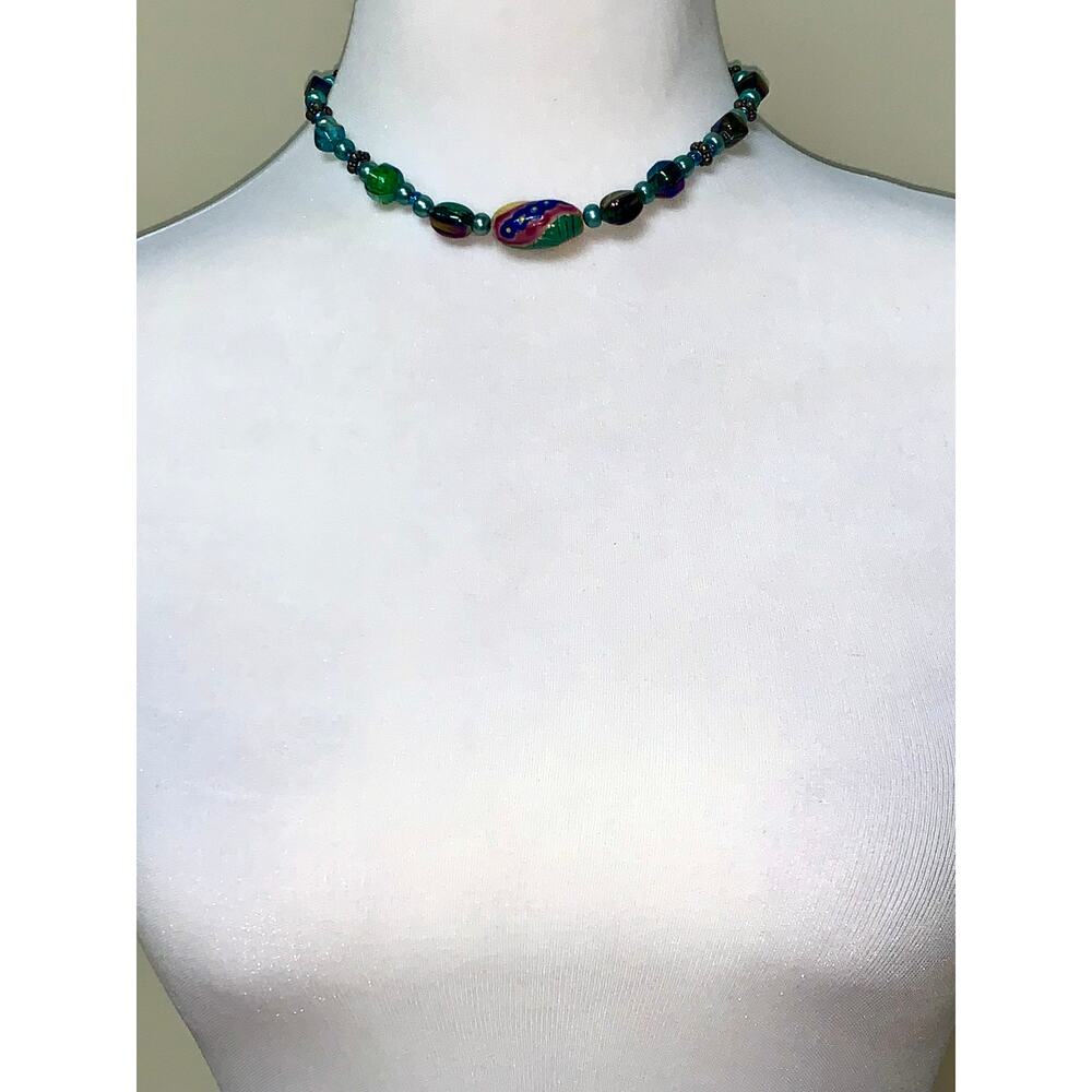 Boho Colorful Painted Iridescent Glass Beaded Choker Statement Necklace - Picture 7 of 7